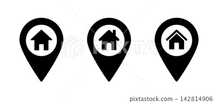 A set of silhouette icons for map pins that indicate your home location using a house icon. A set of silhouette icons for map pins that indicate your home location using a house icon. 142814906