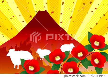 A pop art-style Mount Fuji, red camellia flowers, and white silhouettes of animals. A pop art-style Mount Fuji, red camellia flowers, and white silhouettes of animals. 142814943