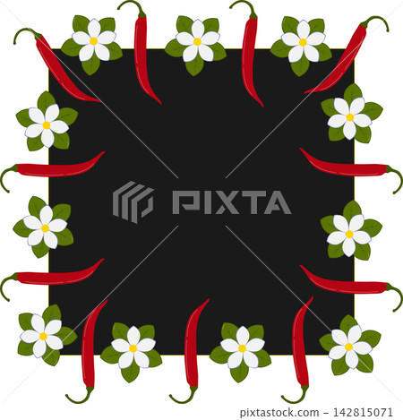 Menu frame has red chili peppers, white flowers and green leaves surrounding a black panel for text. Vector illustration for restaurant menus, spice packaging, recipe cards and hot sauce label designs Menu frame has red chili peppers, white flowers and green leaves surrounding a black panel for text. Vector illustration for restaurant menus, spice packaging, recipe cards and hot sauce label designs 142815071