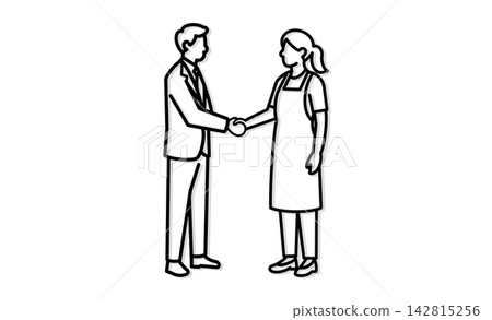 An illustration depicting a handshake between a childcare worker and a company employee, representing childcare businesses, inter-company collaboration, and work-style support. 142815256