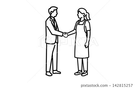 An illustration depicting a handshake between a childcare worker and a company employee, representing childcare businesses, inter-company collaboration, and work-style support. 142815257