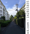 A landscape of apartment buildings and residential areas surrounded by greenery. 142815835