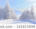 A single road leading through a tunnel of frost-covered trees. 142815898