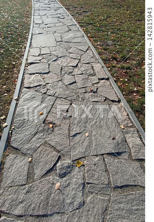 A Scenic Stone Paved Garden Pathway Winding Through A Beautiful Backyard Landscape In The Sunlight A Scenic Stone Paved Garden Pathway Winding Through A Beautiful Backyard Landscape In The Sunlight 142815943