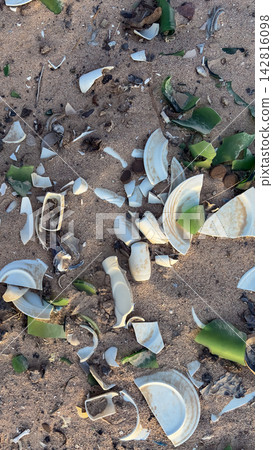 Broken ceramic plates and green glass shards scattered on ground Broken ceramic plates and green glass shards scattered on ground 142816098