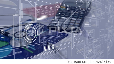 Resting metallic stethoscope on left side at desk, showing laptop, charts, data panels, copy space Resting metallic stethoscope on left side at desk, showing laptop, charts, data panels, copy space 142816130