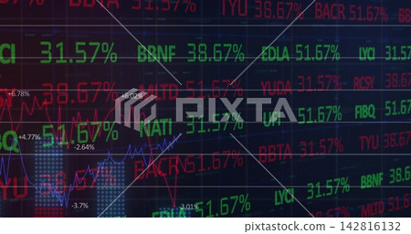 Showing LED-screen with tickers and percent labels on trading dashboard, tracing red-blue charts Showing LED-screen with tickers and percent labels on trading dashboard, tracing red-blue charts 142816132