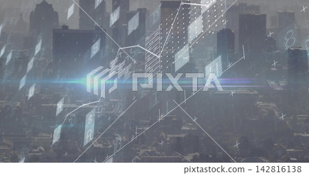 Displaying holograms, gridlines, cross marks, numeric icons and bluish flare over hazy skyscrapers Displaying holograms, gridlines, cross marks, numeric icons and bluish flare over hazy skyscrapers 142816138