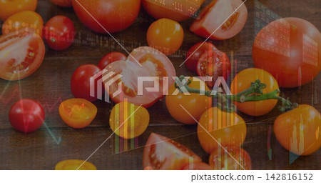 Displaying halved and whole red and yellow tomatoes with vine on dark wood tabletop, chart overlays Displaying halved and whole red and yellow tomatoes with vine on dark wood tabletop, chart overlays 142816152
