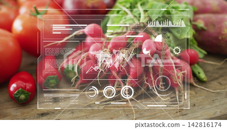 Displaying bunch of red radishes with leafy tops on kitchen counter, HUD, tomatoes and pepper Displaying bunch of red radishes with leafy tops on kitchen counter, HUD, tomatoes and pepper 142816174