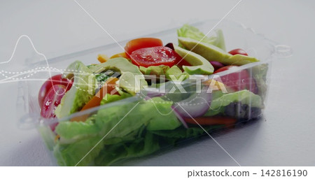 Showing clear plastic clamshell holding lettuce tomato avocado onion carrot on white tabletop Showing clear plastic clamshell holding lettuce tomato avocado onion carrot on white tabletop 142816190