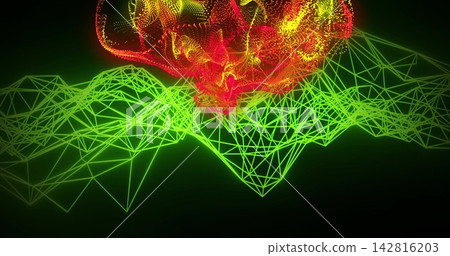 Displaying neon-green mesh terrain hovering under red particle cloud in 3D space, glowing nodes 142816203
