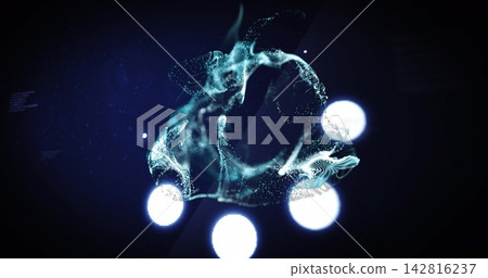 Swirling blue-green particle cloud twisting in dark studio, with three white orbs and left glyphs Swirling blue-green particle cloud twisting in dark studio, with three white orbs and left glyphs 142816237