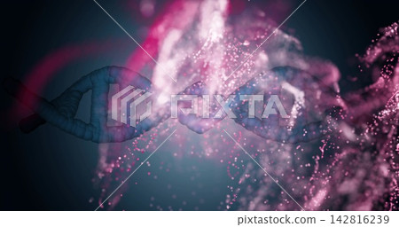 Floating blue DNA double helix spiraling in dark teal-to-black backdrop, with pink particle clouds Floating blue DNA double helix spiraling in dark teal-to-black backdrop, with pink particle clouds 142816239