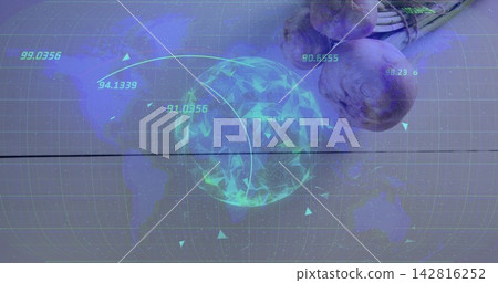 Rotating glowing teal polygonal sphere sitting at HUD, projecting neon green numbers, purple bulbs Rotating glowing teal polygonal sphere sitting at HUD, projecting neon green numbers, purple bulbs 142816252