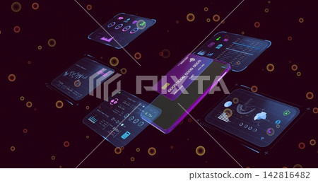Displaying purple-framed phone hovering in virtual HUD, showing digital card overlay and UI panels Displaying purple-framed phone hovering in virtual HUD, showing digital card overlay and UI panels 142816482