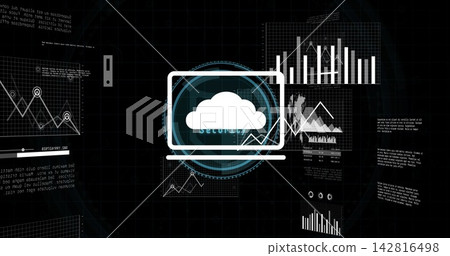 Displaying centered stylized laptop cloud icon routing data on dark grid dashboard, showing HUD Displaying centered stylized laptop cloud icon routing data on dark grid dashboard, showing HUD 142816498