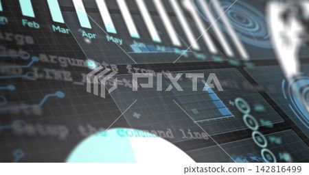 Projecting holographic dashboard on dark grid, showing bar chart, pie chart, terminal text, nodes Projecting holographic dashboard on dark grid, showing bar chart, pie chart, terminal text, nodes 142816499