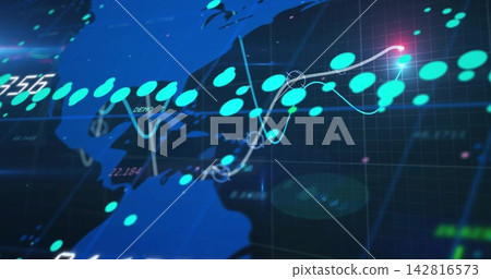 Tracing teal trend path with white curve across dashboard over blue map silhouette, red endpoint Tracing teal trend path with white curve across dashboard over blue map silhouette, red endpoint 142816573