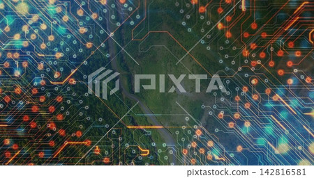 Blending landscape with translucent circuit overlay in aerial view, revealing glowing traces Blending landscape with translucent circuit overlay in aerial view, revealing glowing traces 142816581