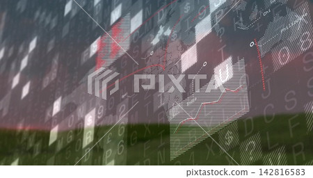 Hovering digital data visualization streaming over grassy horizon at dusk, with translucent panels 142816583