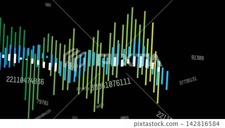 Displaying colored vertical bars pulsing on dark display with thin white baseline, floating digits Displaying colored vertical bars pulsing on dark display with thin white baseline, floating digits 142816584