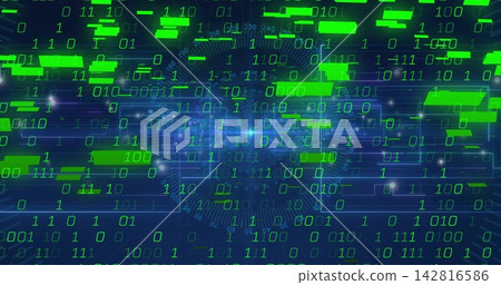 Pulsing central data hub with neon-green binary digits flowing in cyberspace, with motion blur Pulsing central data hub with neon-green binary digits flowing in cyberspace, with motion blur 142816586
