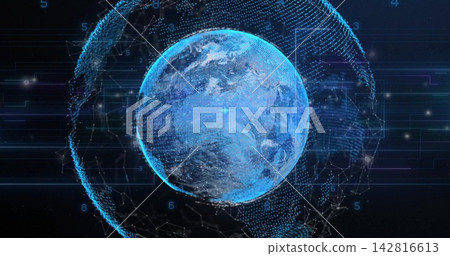 Rotating holographic Earth globe glowing in dark virtual space, showing mesh nodes and data streams Rotating holographic Earth globe glowing in dark virtual space, showing mesh nodes and data streams 142816613