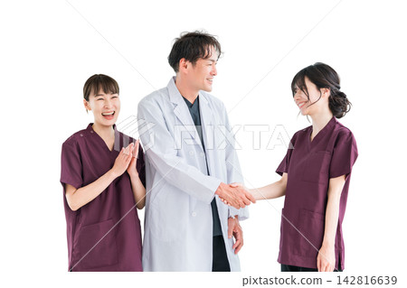 Medical workers in scrubs, medical staff, female nurses and male doctors in white coats Medical workers in scrubs, medical staff, female nurses and male doctors in white coats 142816639