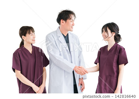 Medical workers in scrubs, medical staff, female nurses and male doctors in white coats Medical workers in scrubs, medical staff, female nurses and male doctors in white coats 142816640