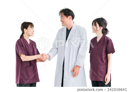 Medical workers in scrubs, medical staff, female nurses and male doctors in white coats Medical workers in scrubs, medical staff, female nurses and male doctors in white coats 142816641
