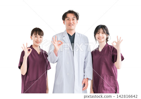 Medical workers in scrubs, medical staff, female nurses and male doctors in white coats Medical workers in scrubs, medical staff, female nurses and male doctors in white coats 142816642