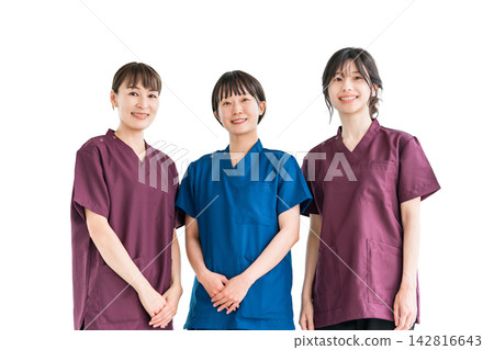 Female staff of doctors, physicians, nurses, medical professionals, doctors, occupational therapists and physical therapists wearing scrubs Female staff of doctors, physicians, nurses, medical professionals, doctors, occupational therapists and physical therapists wearing scrubs 142816643