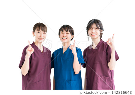 Female staff of doctors, physicians, nurses, medical professionals, doctors, occupational therapists and physical therapists wearing scrubs Female staff of doctors, physicians, nurses, medical professionals, doctors, occupational therapists and physical therapists wearing scrubs 142816648