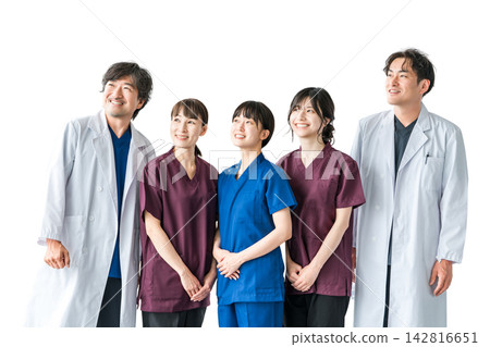 Medical workers in scrubs, medical staff, female nurses and male doctors in white coats Medical workers in scrubs, medical staff, female nurses and male doctors in white coats 142816651