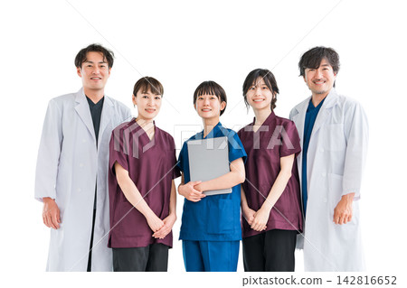 Medical workers in scrubs, medical staff, female nurses and male doctors in white coats Medical workers in scrubs, medical staff, female nurses and male doctors in white coats 142816652
