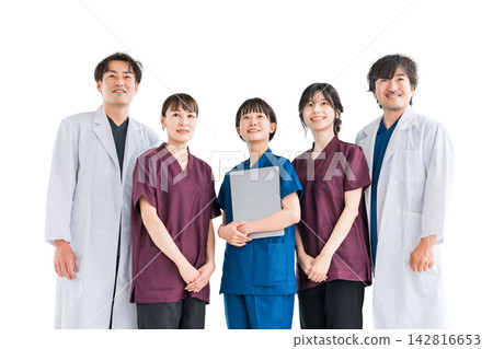Medical workers in scrubs, medical staff, female nurses and male doctors in white coats Medical workers in scrubs, medical staff, female nurses and male doctors in white coats 142816653