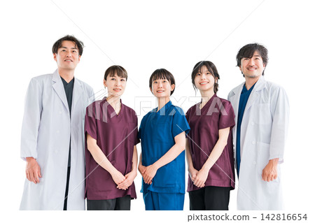 Medical workers in scrubs, medical staff, female nurses and male doctors in white coats Medical workers in scrubs, medical staff, female nurses and male doctors in white coats 142816654