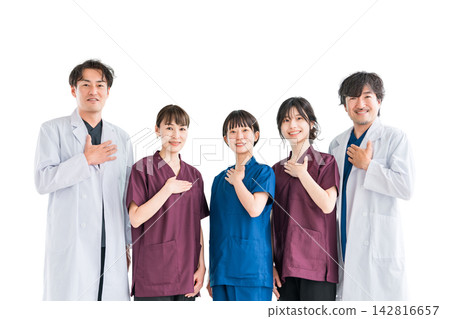 Medical workers in scrubs, medical staff, female nurses and male doctors in white coats Medical workers in scrubs, medical staff, female nurses and male doctors in white coats 142816657