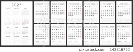 2027 calendar template and monthly planner set. Simple minimal printable organizer layout with 12 months overview and to-do list notes sections for home and office planning. 2027 calendar template and monthly planner set. Simple minimal printable organizer layout with 12 months overview and to-do list notes sections for home and office planning. 142816793