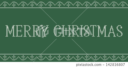 Merry Christmas cross stitch embroidery horizontal banner. Vintage pixelated needlework greeting card green background with festive geometric border. Folk ornament header vector illustration. Merry Christmas cross stitch embroidery horizontal banner. Vintage pixelated needlework greeting card green background with festive geometric border. Folk ornament header vector illustration. 142816807