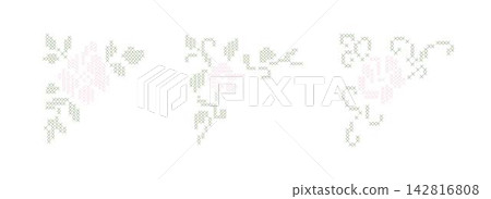 Isolated vintage cross stitch floral corner vignettes and botanical scroll borders. Embroidery needlework design set for wedding stationary, cottagecore nursery art, decorative textile crafts. Vector 142816808