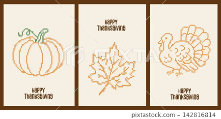 Happy Thanksgiving cross stitch greeting cards collection. Vintage pixelated needlework background set with handmade pumpkin, autumn maple leaf, turkey, typography text vector. Happy Thanksgiving cross stitch greeting cards collection. Vintage pixelated needlework background set with handmade pumpkin, autumn maple leaf, turkey, typography text vector. 142816814