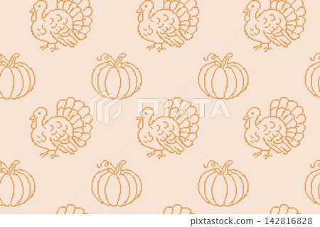 Thanksgiving cross stitch embroidery seamless pattern banner. Vintage pixelated needlework repeating background with handmade pumpkin and turkey vector illustration. Thanksgiving cross stitch embroidery seamless pattern banner. Vintage pixelated needlework repeating background with handmade pumpkin and turkey vector illustration. 142816828