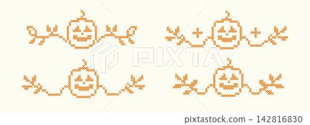 Cross stitch Halloween border, divider and trim element set. Spooky embroidery folk art ornaments. Orange pumpkin and vine motifs for digital crafting, ribbon designs, and autumn holiday patterns. Cross stitch Halloween border, divider and trim element set. Spooky embroidery folk art ornaments. Orange pumpkin and vine motifs for digital crafting, ribbon designs, and autumn holiday patterns. 142816830