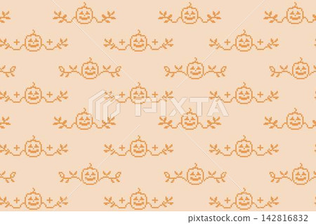 Cross stitch Halloween seamless pattern background. Spooky embroidery folk art texture. Orange pumpkin and vine motif on backdrop for digital paper, fabric, and wallpaper. Cross stitch Halloween seamless pattern background. Spooky embroidery folk art texture. Orange pumpkin and vine motif on backdrop for digital paper, fabric, and wallpaper. 142816832