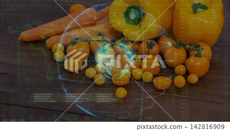 Displaying cluster of cherry tomatoes, yellow peppers, carrots on dark table, with blue overlay Displaying cluster of cherry tomatoes, yellow peppers, carrots on dark table, with blue overlay 142816909