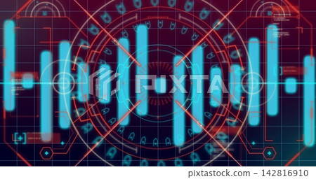 Displaying central circular HUD with concentric rings, cyan tall bars and red lines on dashboard Displaying central circular HUD with concentric rings, cyan tall bars and red lines on dashboard 142816910