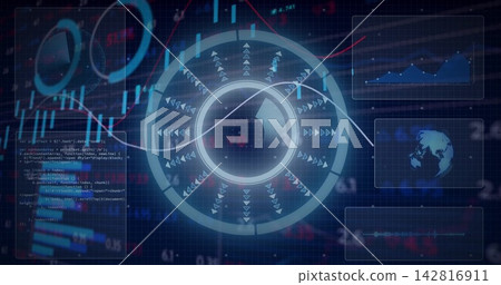 Displaying central circular HUD rotating on blue grid, showing diagonal data line, panels, code Displaying central circular HUD rotating on blue grid, showing diagonal data line, panels, code 142816911
