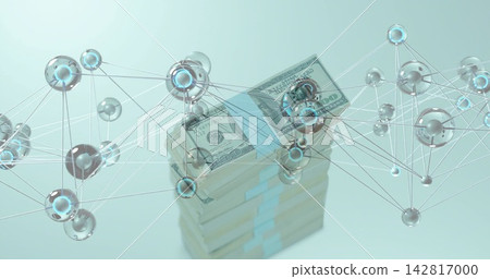 Dollar bundles sitting centered, data pulse initiating network nodes and lines showing finance flow Dollar bundles sitting centered, data pulse initiating network nodes and lines showing finance flow 142817000